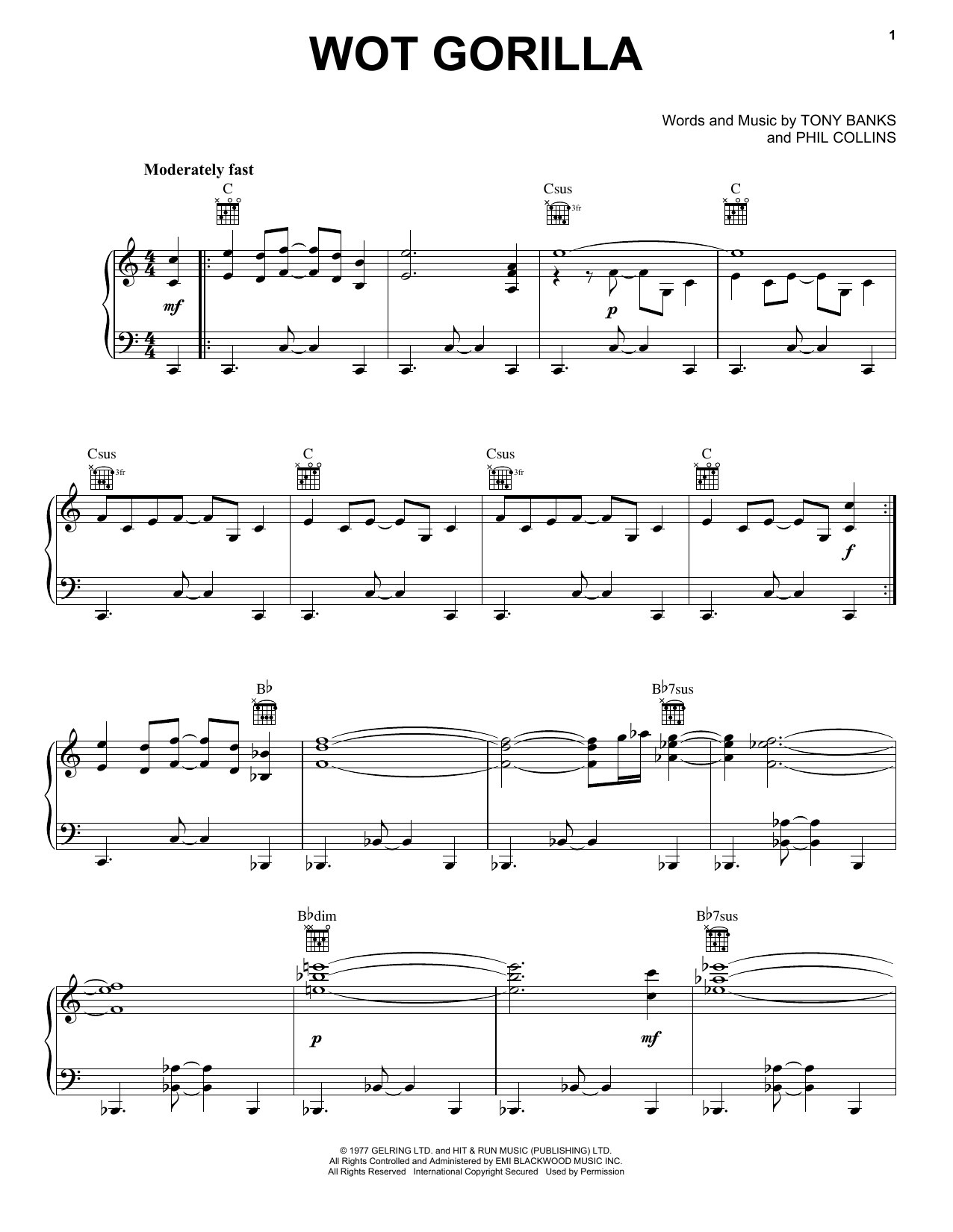 Genesis Wot Gorilla sheet music notes and chords arranged for Piano Solo