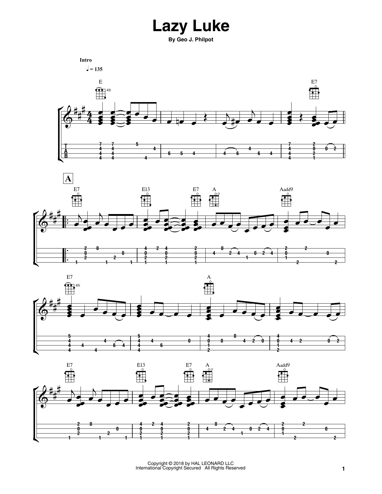 Fred Sokolow Lazy Luke sheet music notes and chords arranged for Easy Ukulele Tab