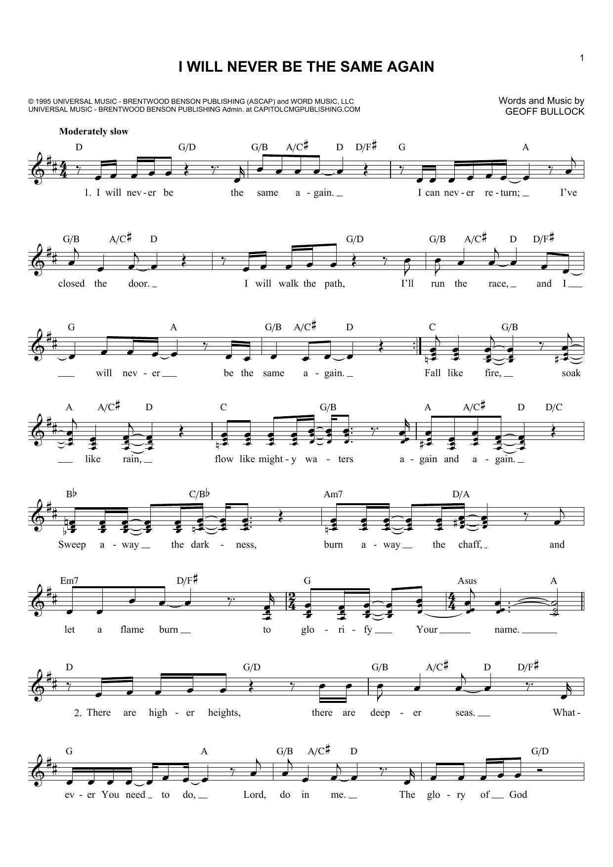 Geoff Bullock I Will Never Be The Same Again sheet music notes and chords arranged for Lead Sheet / Fake Book