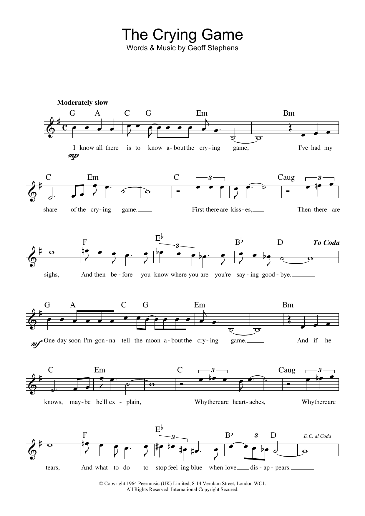 Geoff Stephens The Crying Game sheet music notes and chords arranged for Piano, Vocal & Guitar Chords (Right-Hand Melody)
