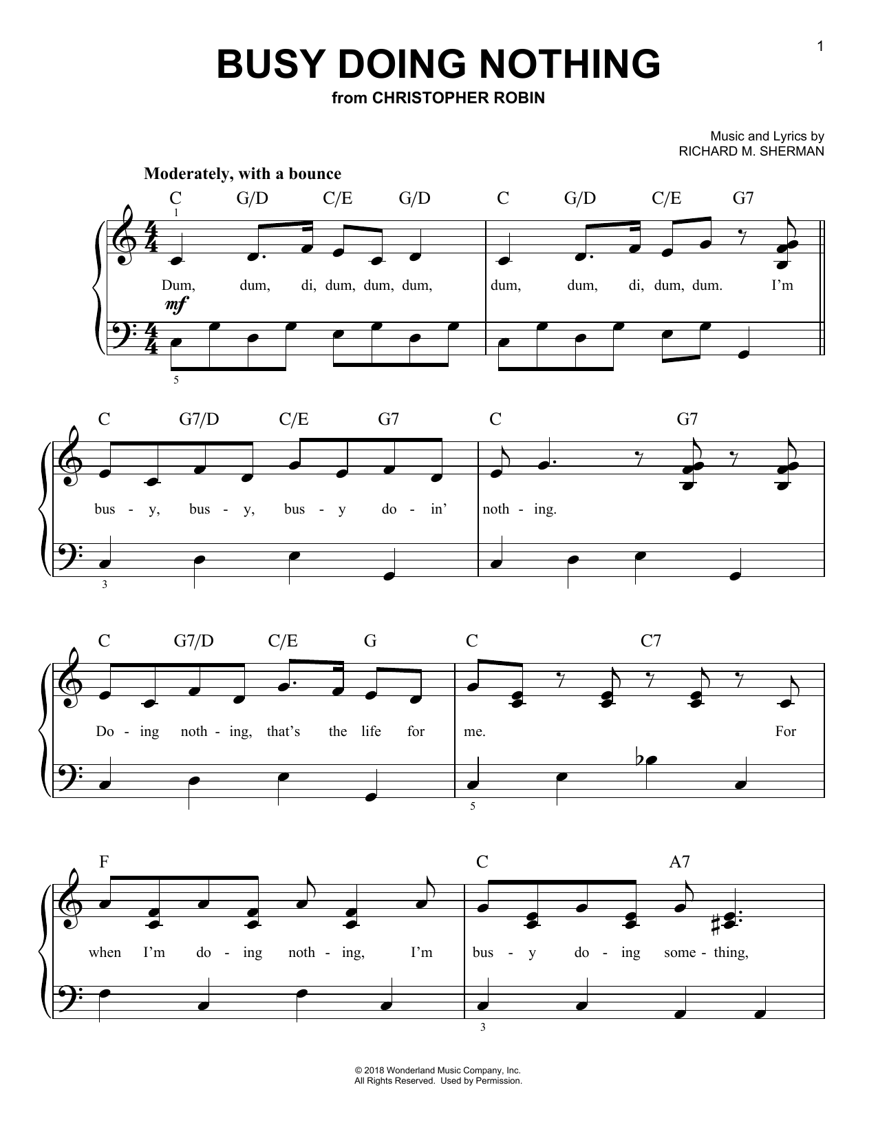 Geoff Zanelli & Jon Brion Busy Doing Nothing (from Christopher Robin) sheet music notes and chords arranged for Piano, Vocal & Guitar Chords (Right-Hand Melody)