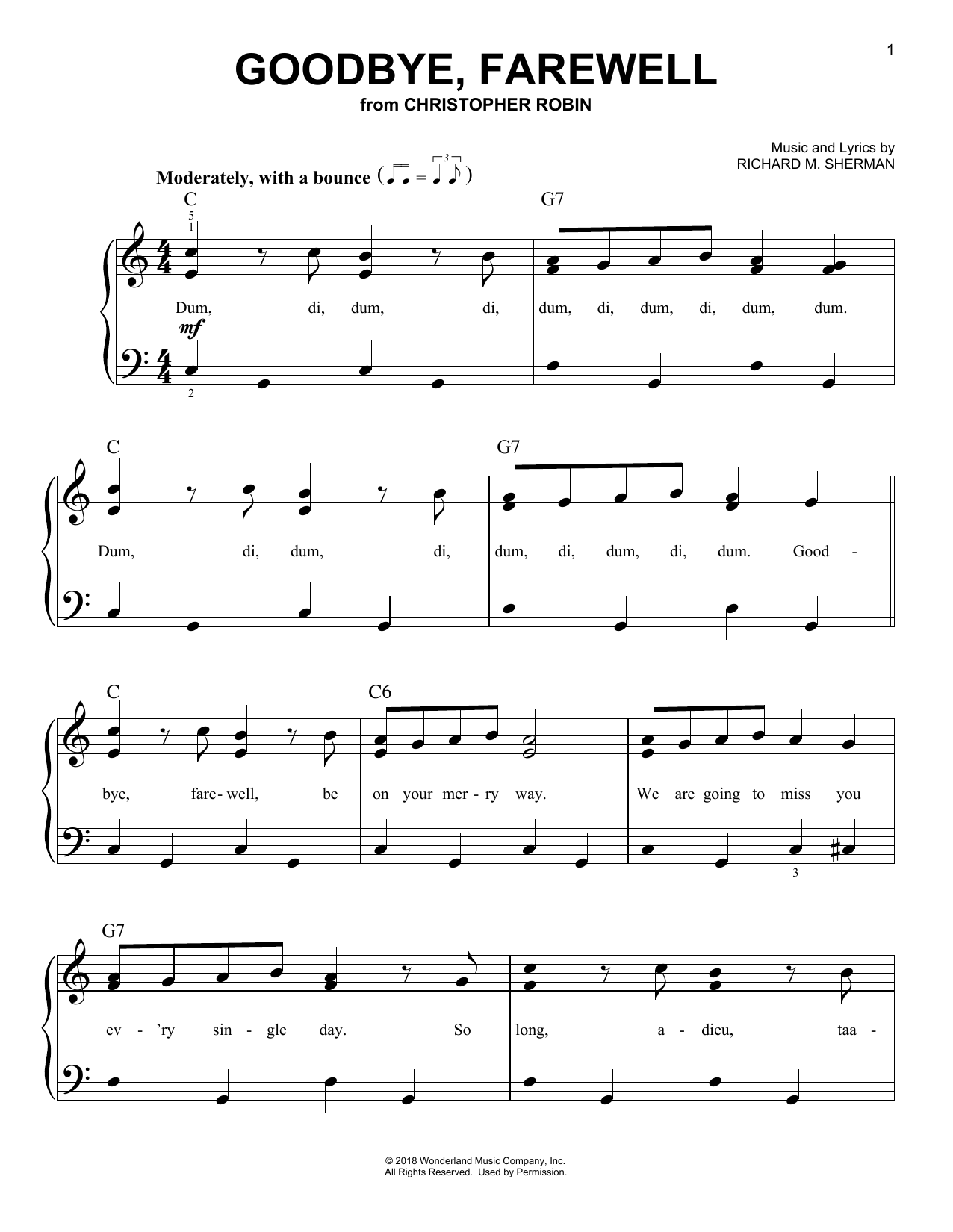 Geoff Zanelli & Jon Brion Goodbye, Farewell (from Christopher Robin) sheet music notes and chords arranged for Piano, Vocal & Guitar Chords (Right-Hand Melody)