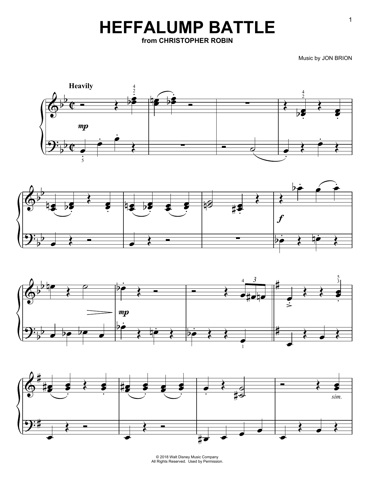Geoff Zanelli & Jon Brion Heffalump Battle (from Christopher Robin) sheet music notes and chords arranged for Easy Piano