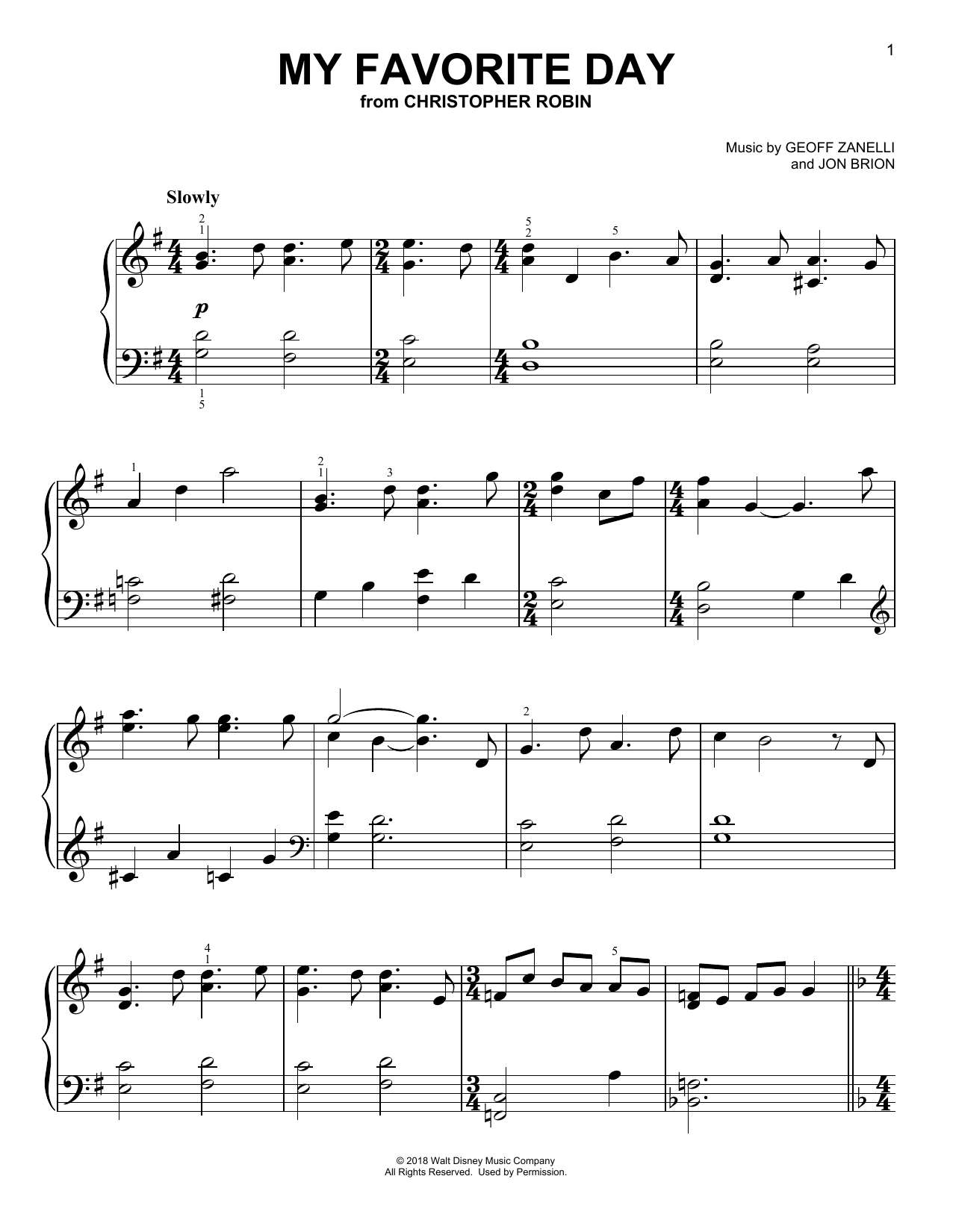 Geoff Zanelli & Jon Brion My Favorite Day (from Christopher Robin) sheet music notes and chords arranged for Easy Piano