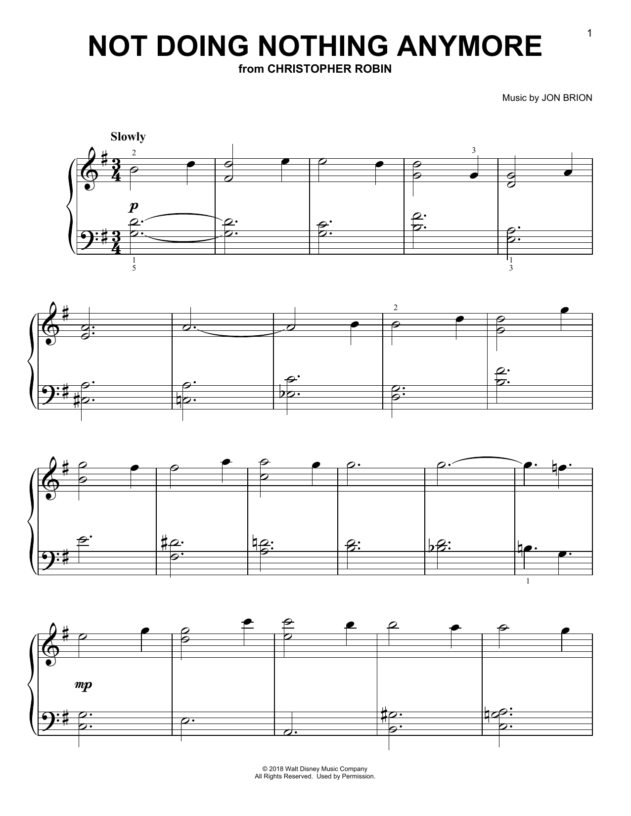 Geoff Zanelli & Jon Brion Not Doing Nothing Anymore (from Christopher Robin) sheet music notes and chords arranged for Easy Piano