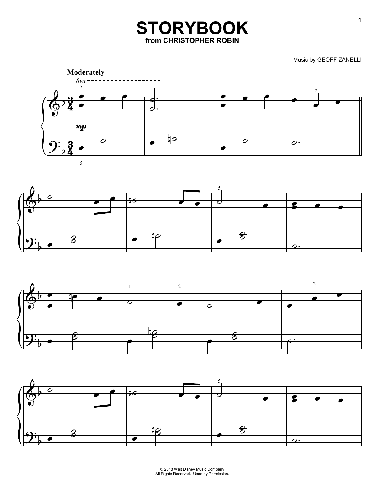 Geoff Zanelli & Jon Brion Storybook (from Christopher Robin) sheet music notes and chords arranged for Piano Solo