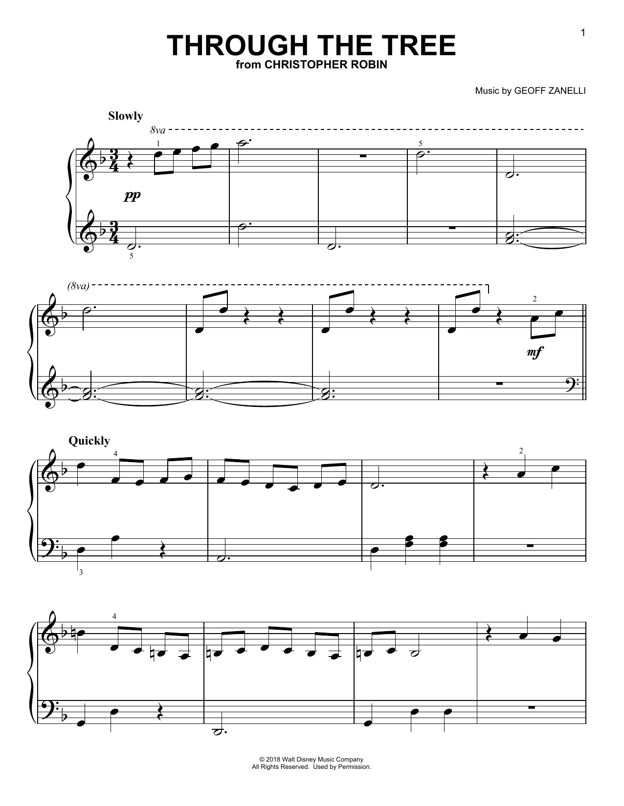 Geoff Zanelli & Jon Brion Through The Tree (from Christopher Robin) sheet music notes and chords arranged for Easy Piano