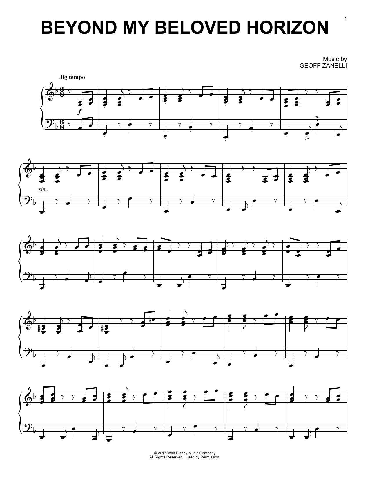 Geoff Zanelli Beyond My Beloved Horizon sheet music notes and chords arranged for Piano Solo