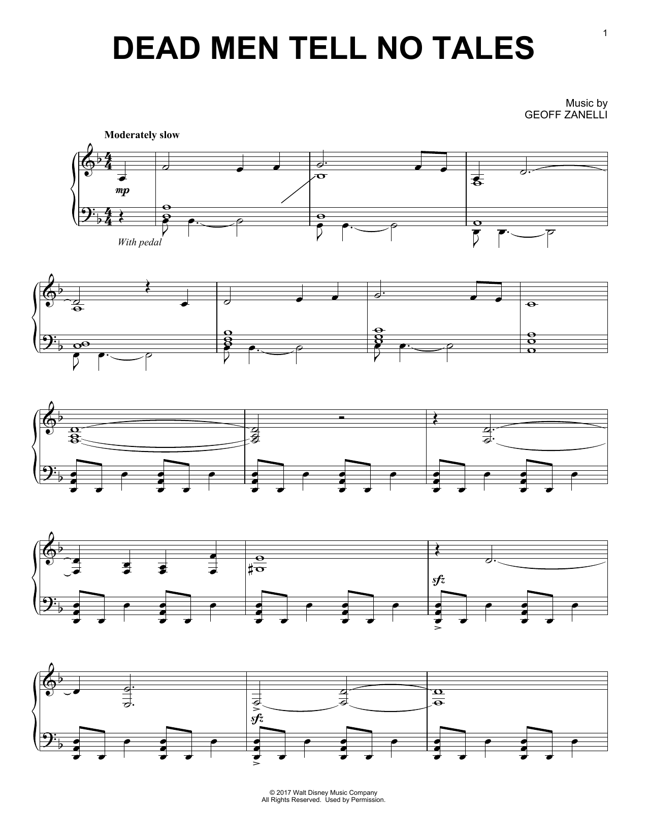 Geoff Zanelli Dead Men Tell No Tales sheet music notes and chords arranged for Piano Solo