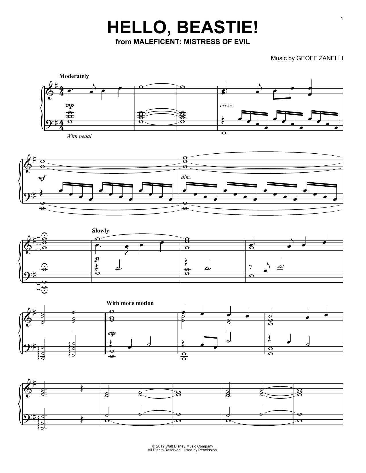 Geoff Zanelli Hello, Beastie! (from Disney's Maleficent: Mistress of Evil) sheet music notes and chords arranged for Piano Solo