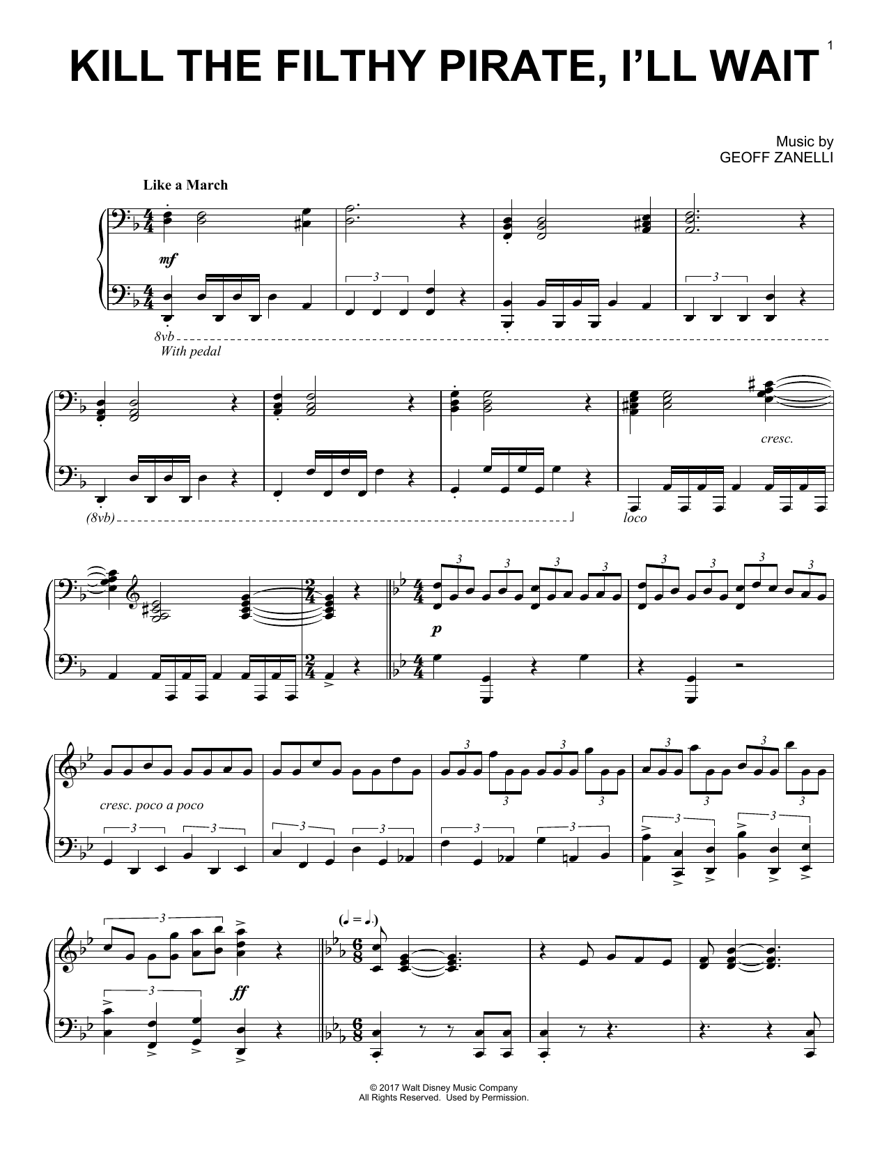 Geoff Zanelli Kill The Filthy Pirate, I'll Wait sheet music notes and chords arranged for Piano Solo