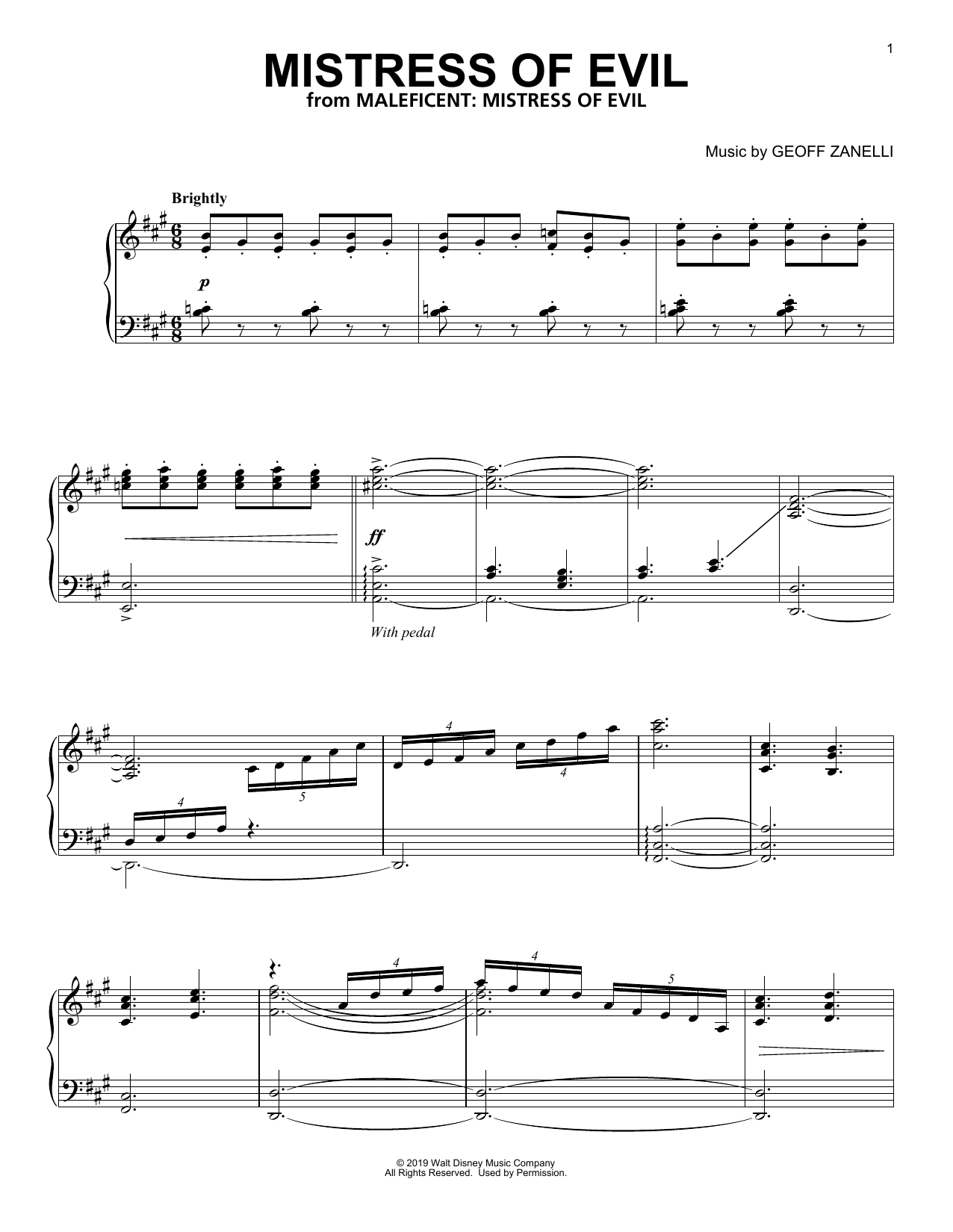 Geoff Zanelli Mistress Of Evil (from Disney's Maleficent: Mistress of Evil) sheet music notes and chords arranged for Piano Solo