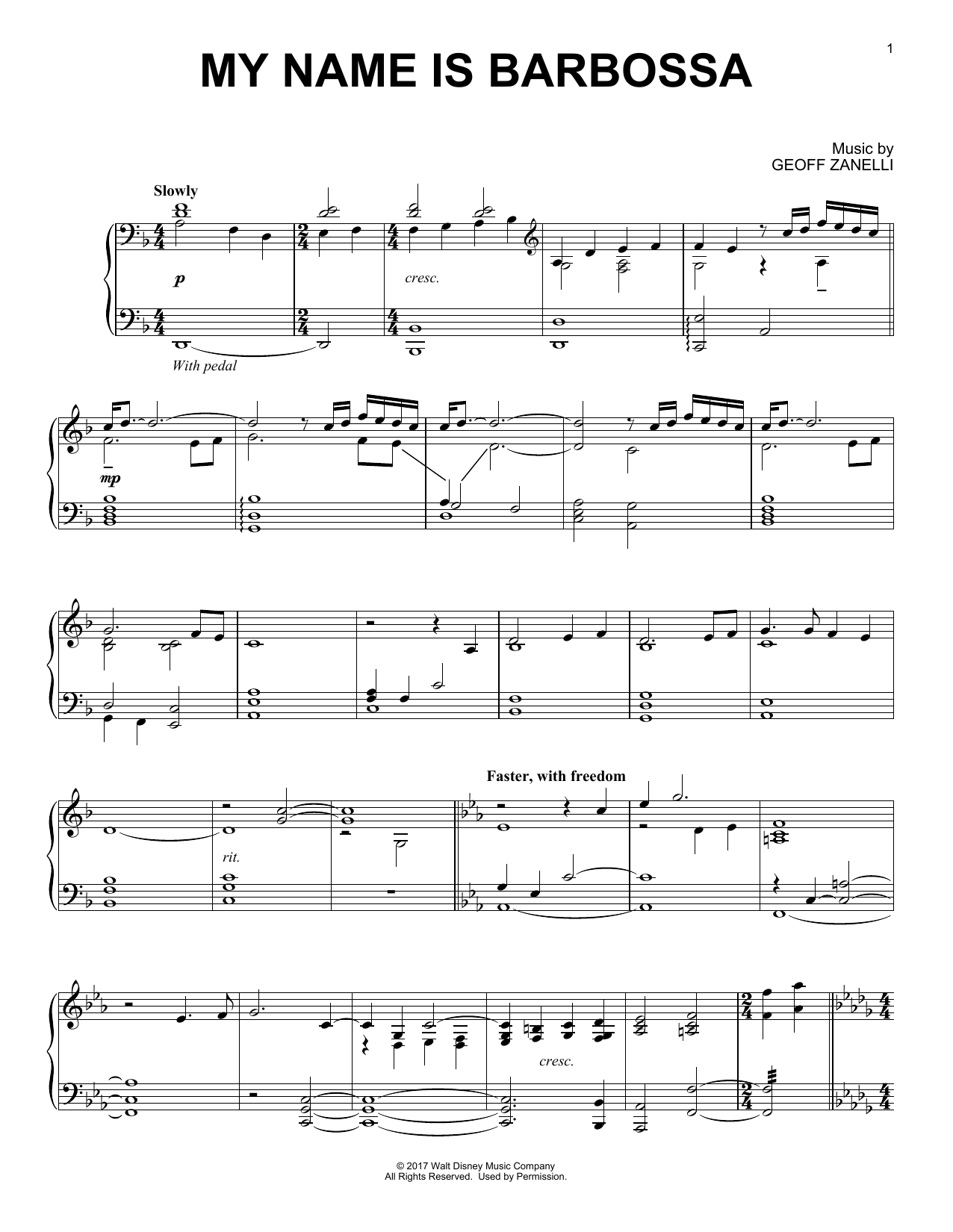 Geoff Zanelli My Name Is Barbossa sheet music notes and chords arranged for Piano Solo