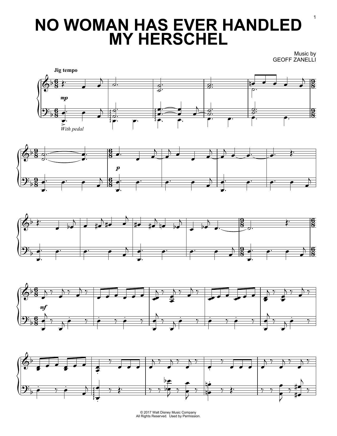 Geoff Zanelli No Woman Has Ever Handled My Herschel sheet music notes and chords arranged for Piano Solo