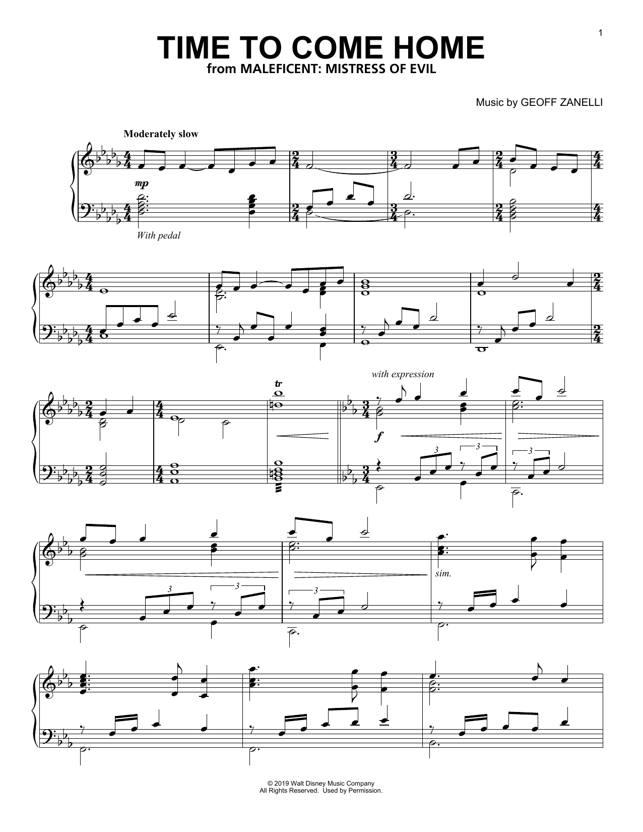 Geoff Zanelli Time To Come Home (from Disney's Maleficent: Mistress of Evil) sheet music notes and chords arranged for Piano Solo