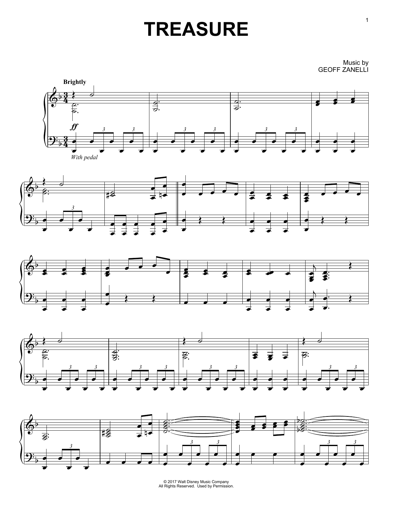 Geoff Zanelli Treasure sheet music notes and chords arranged for Piano Solo