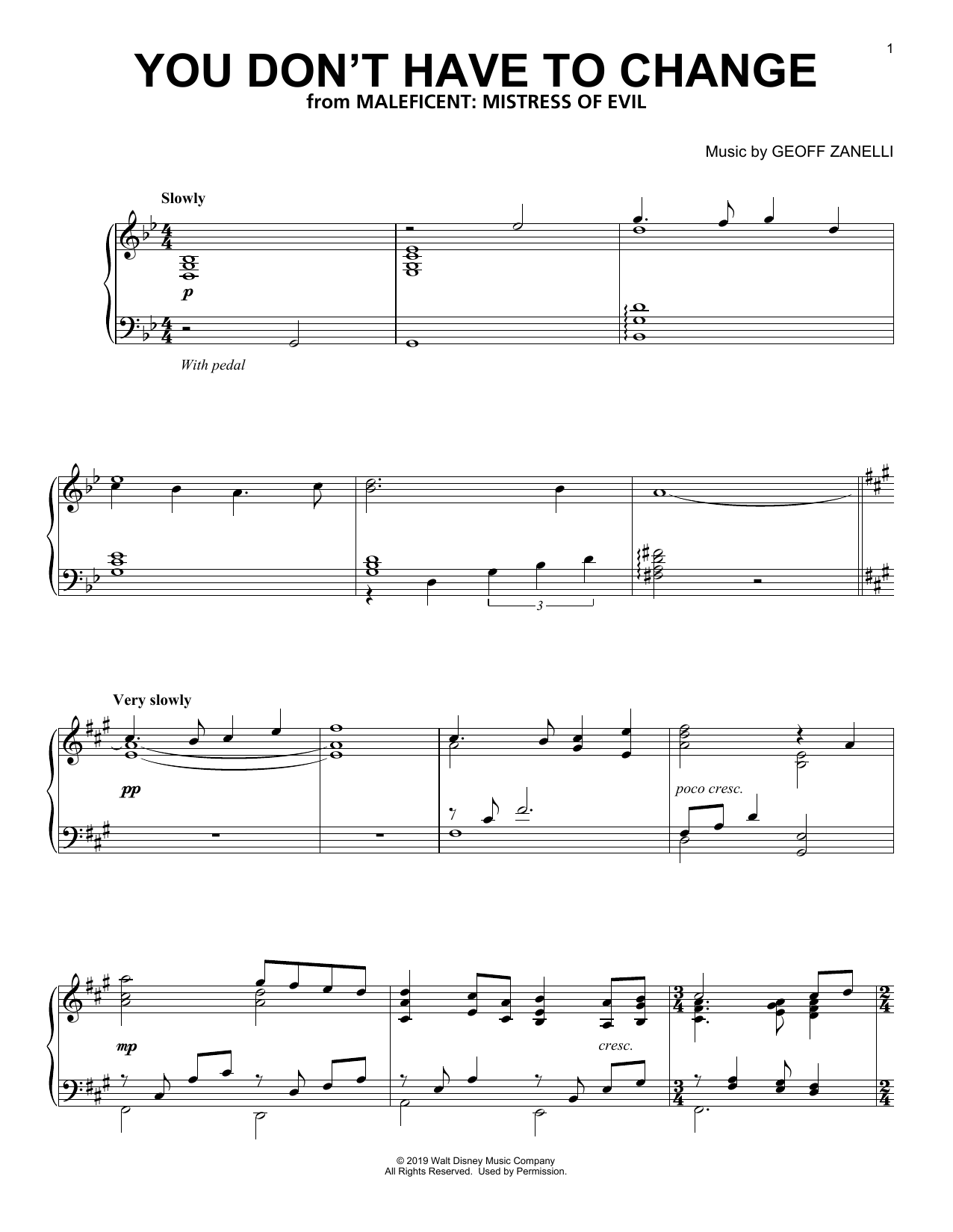 Geoff Zanelli You Don't Have To Change (from Disney's Maleficent: Mistress of Evil) sheet music notes and chords arranged for Piano Solo