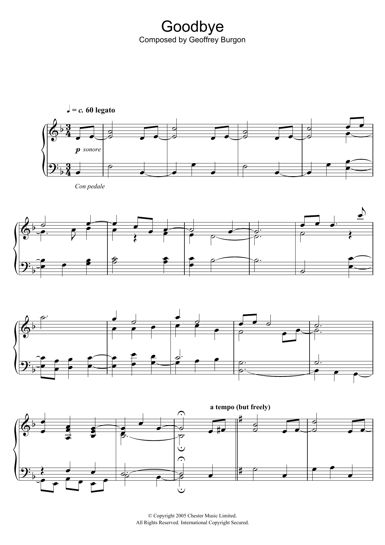 Geoffrey Burgon Goodbye sheet music notes and chords arranged for Piano Solo