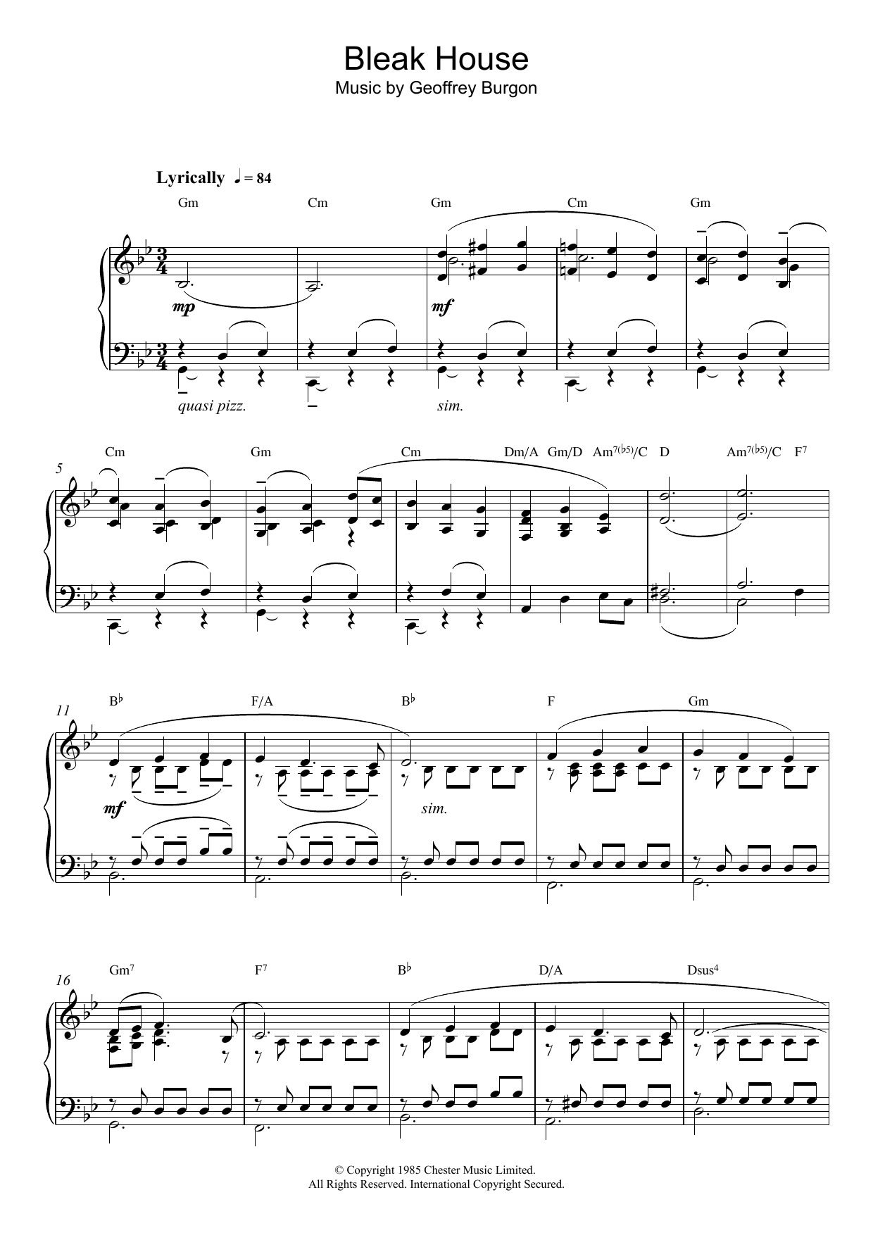 Geoffrey Burgon Theme from Bleak House sheet music notes and chords arranged for Piano Solo