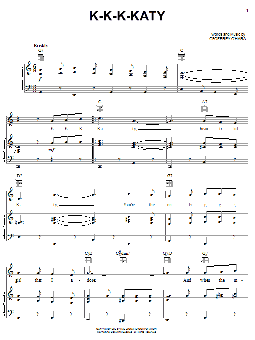 Geoffrey O'Hara K-K-K-Katy sheet music notes and chords arranged for Piano, Vocal & Guitar Chords (Right-Hand Melody)