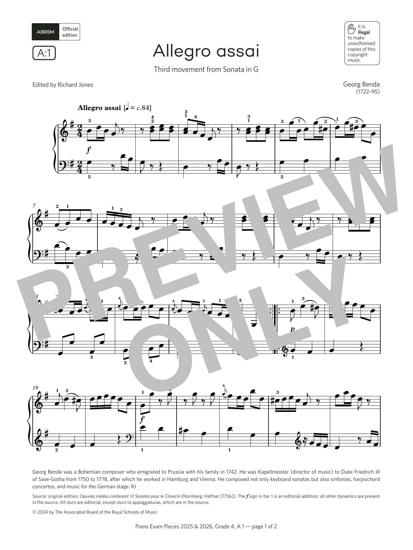 Georg Benda Allegro assai (Grade 4, list A1, from the ABRSM Piano Syllabus 2025 & 2026) sheet music notes and chords arranged for Piano Solo