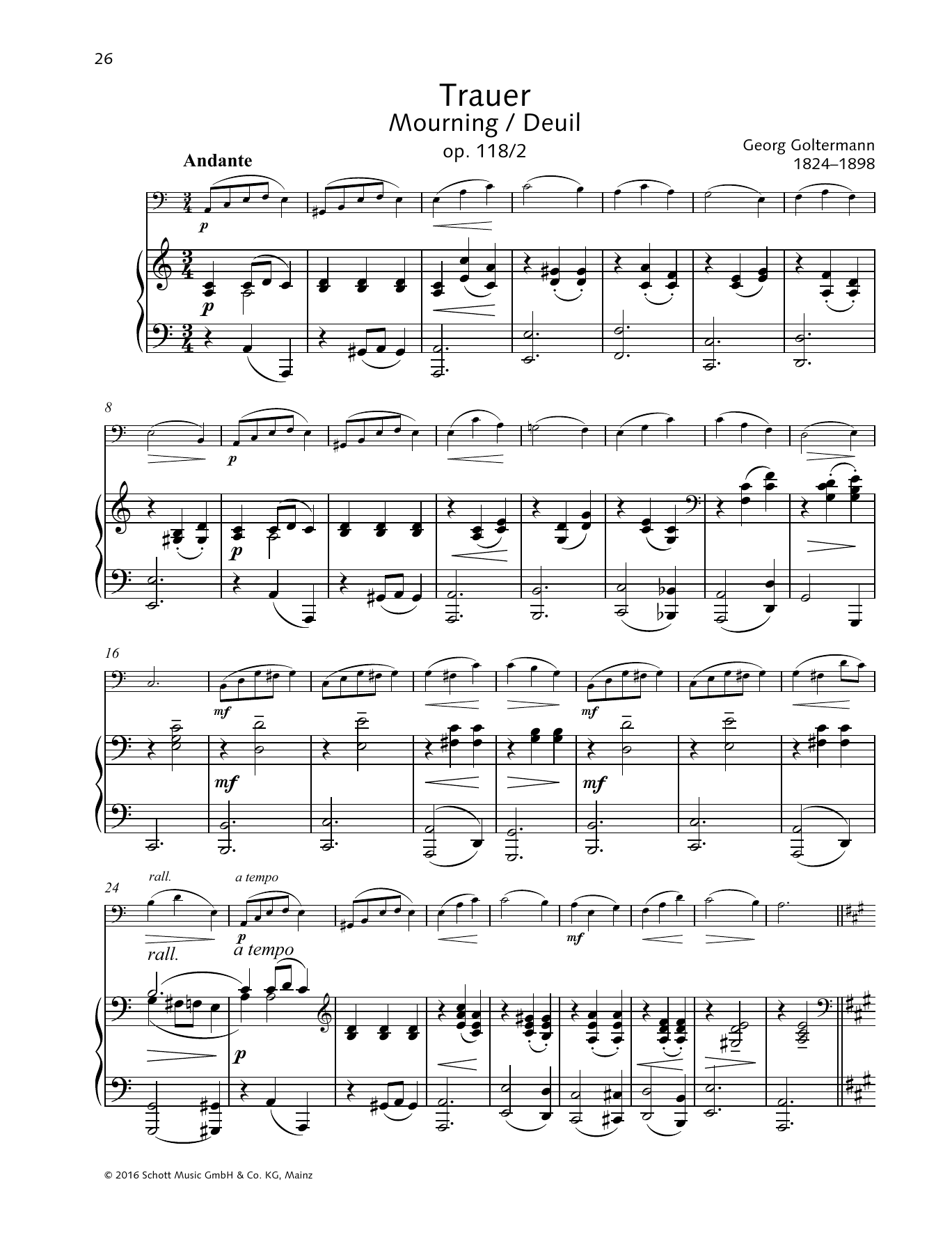 Georg Goltermann Mourning sheet music notes and chords arranged for String Solo