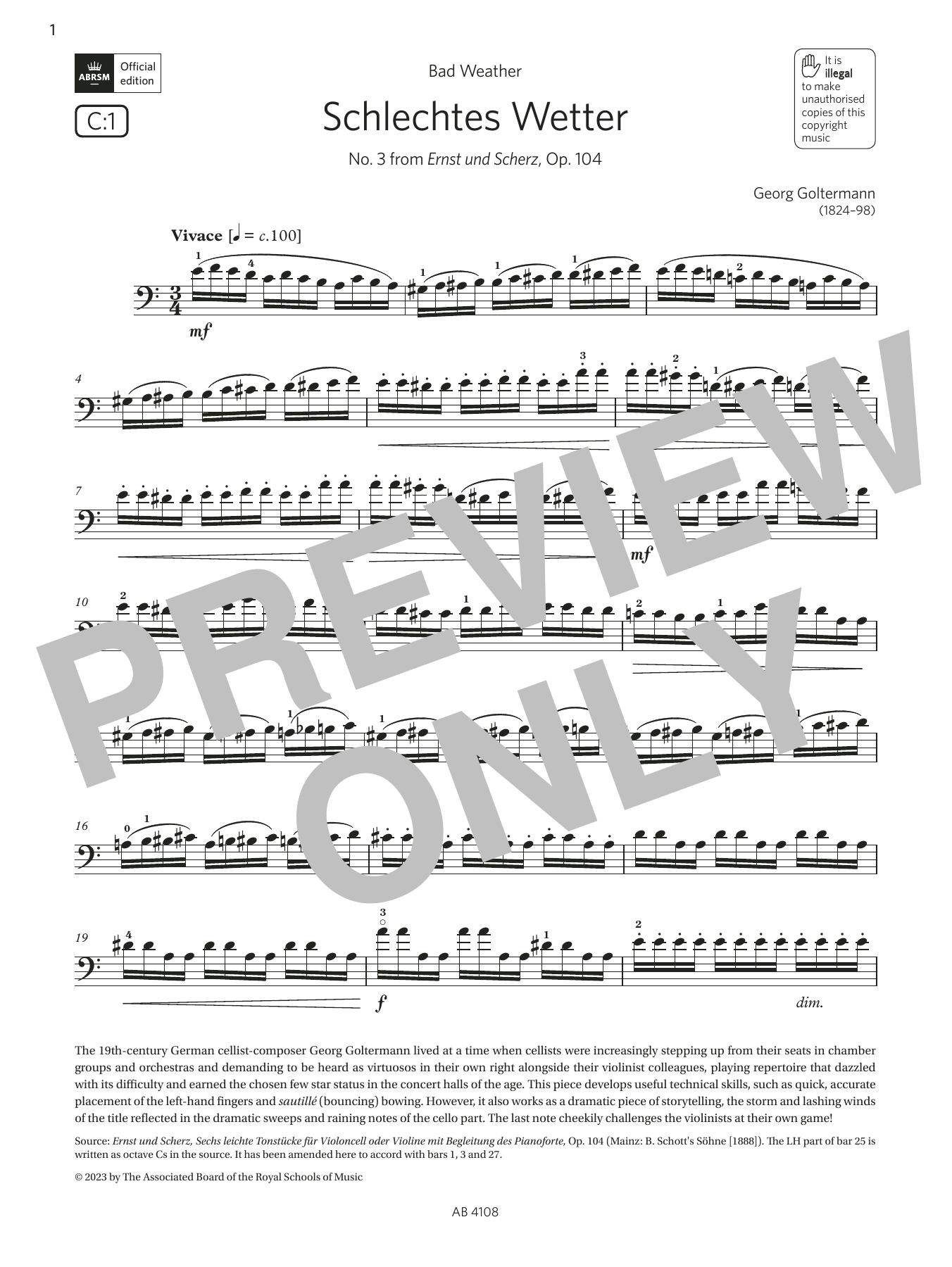 Georg Goltermann Schlechtes Wetter (Grade 5, C1, from the ABRSM Cello Syllabus from 2024) sheet music notes and chords arranged for Cello Solo