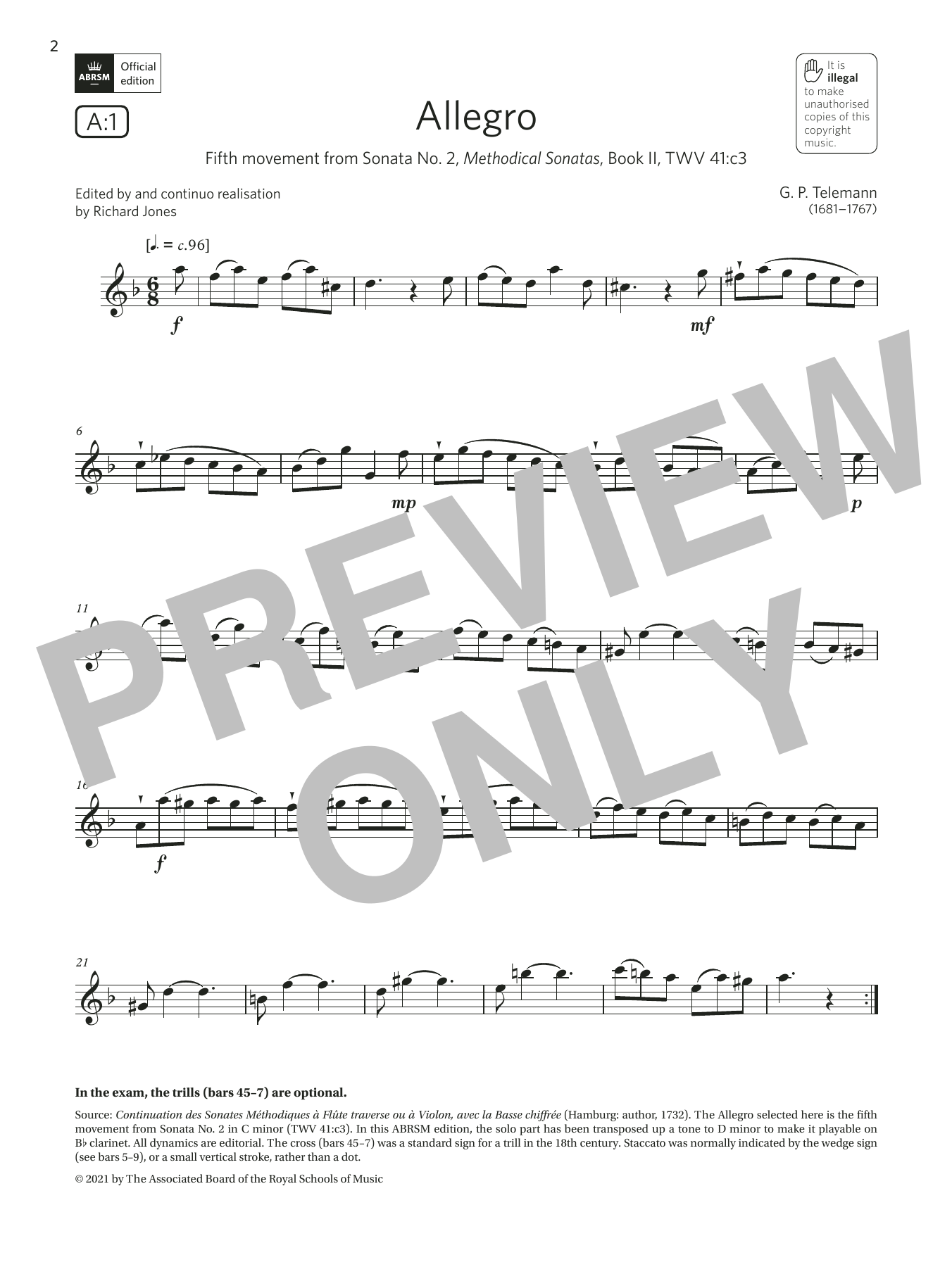 Georg Philipp Telemann Allegro (from Sonata No. 2) (Grade 4 List A1 from the ABRSM Clarinet syllabus from 2022) sheet music notes and chords arranged for Clarinet Solo