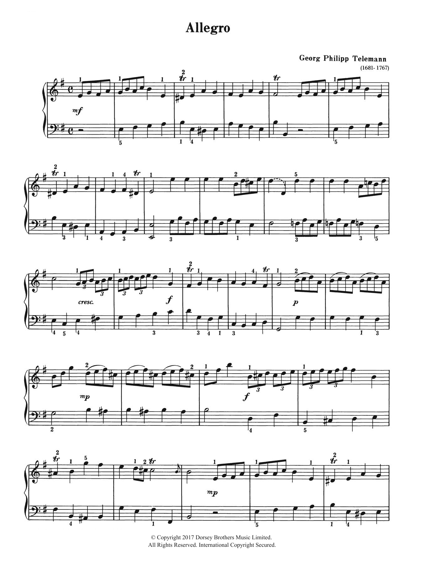 Georg Philipp Telemann Allegro sheet music notes and chords arranged for Piano Solo