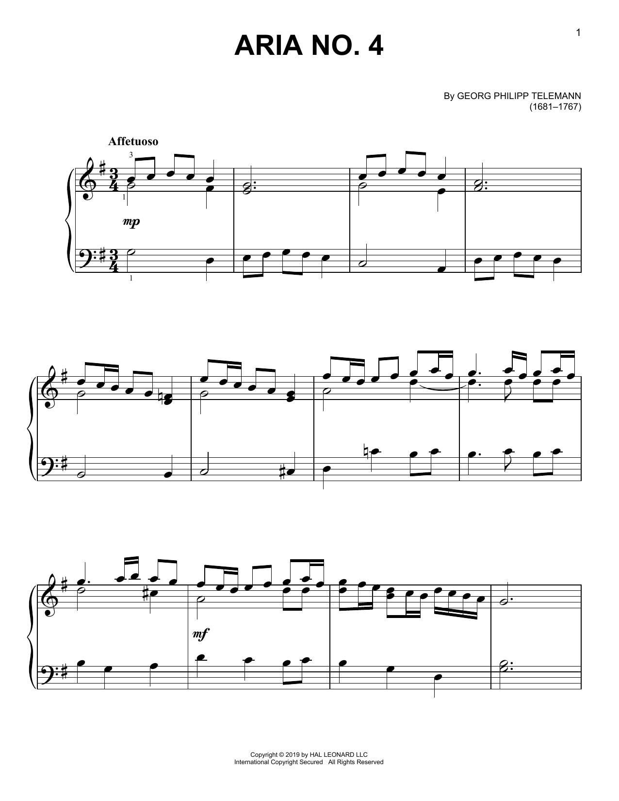 Georg Philipp Telemann Aria No. 4 sheet music notes and chords arranged for Easy Piano