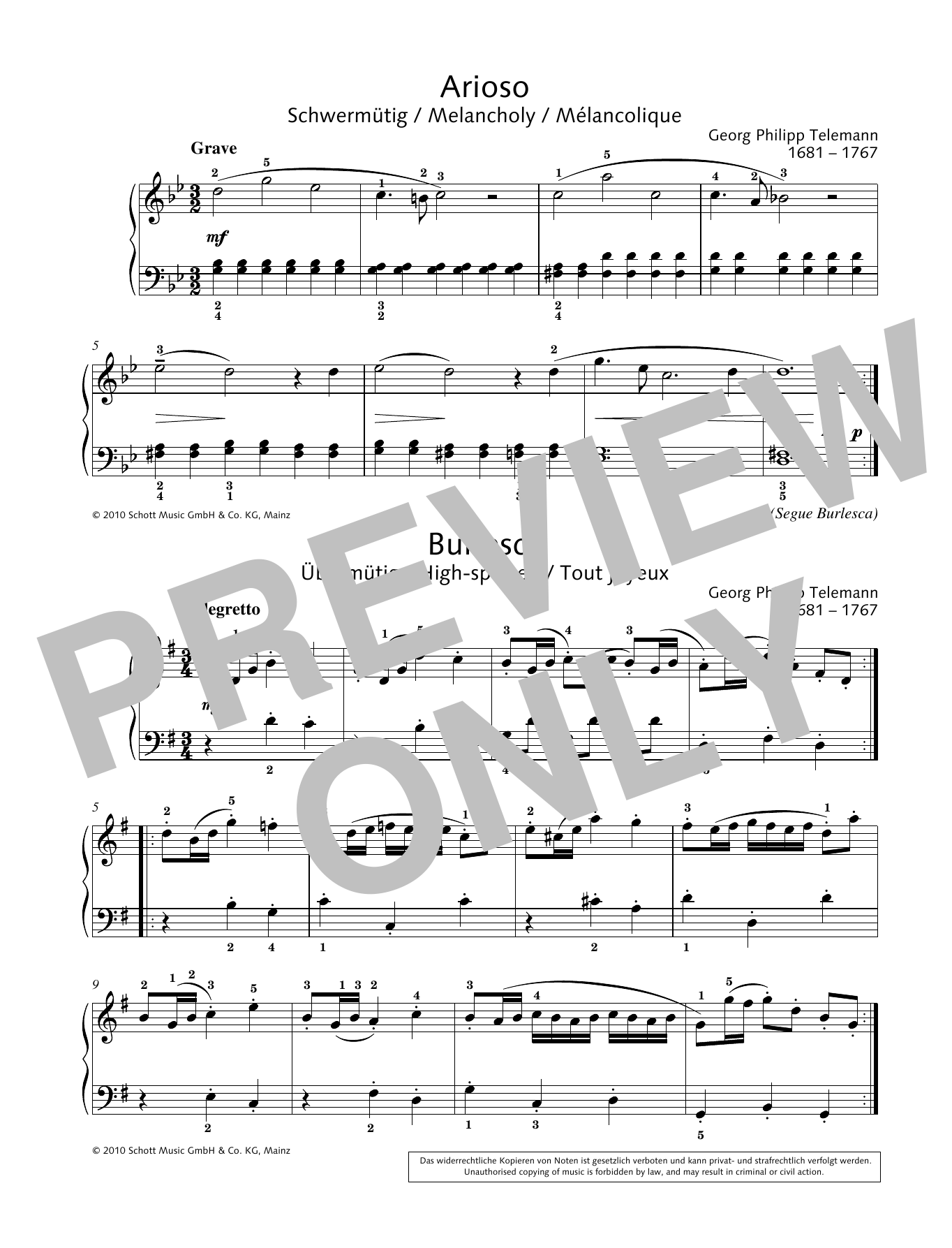 Georg Philipp Telemann Arioso-Burlesca sheet music notes and chords arranged for Piano Solo