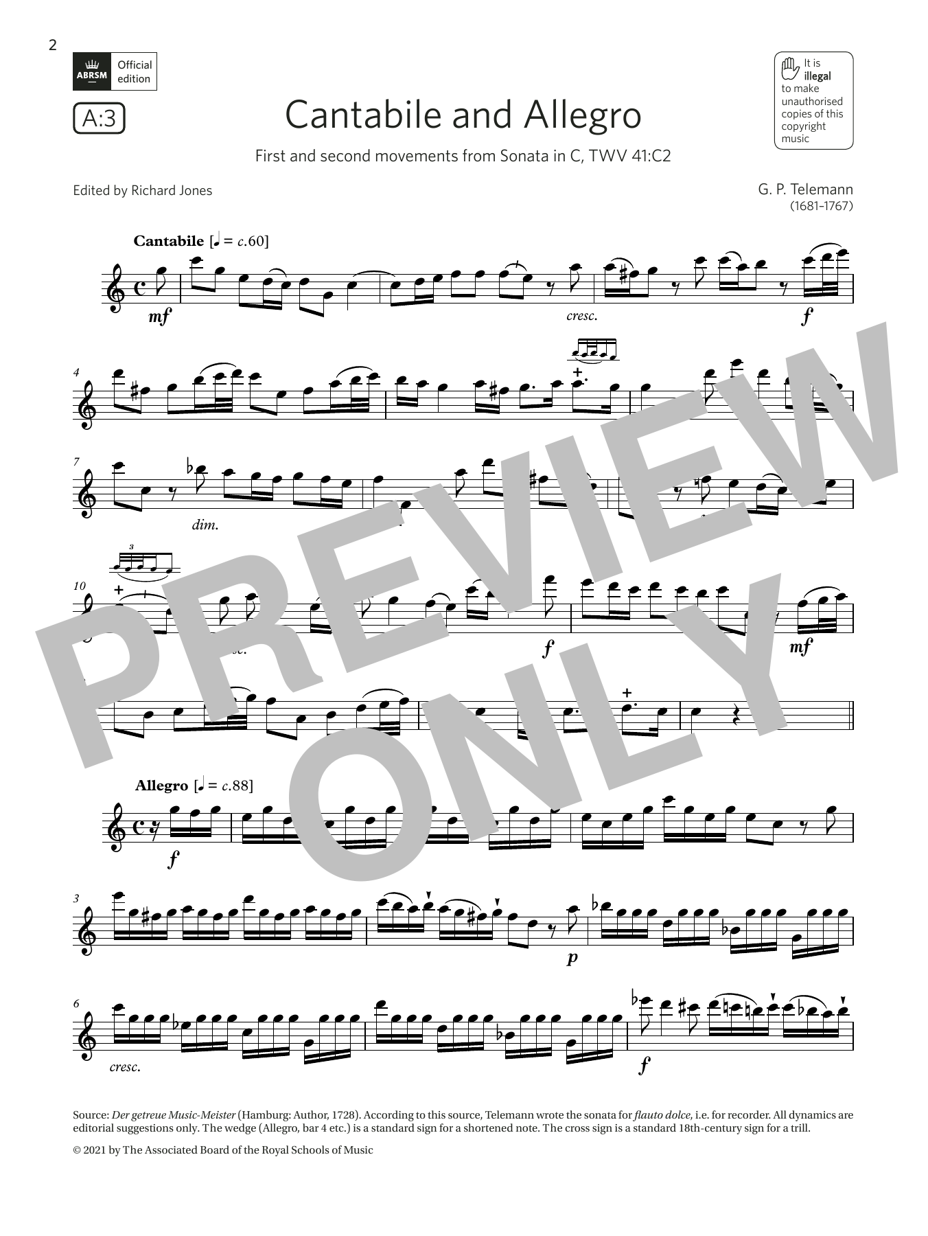 Georg Philipp Telemann Cantabile and Allegro (from Sonata in C) (Grade 6 List A3 from the ABRSM Flute syllabus from 2022) sheet music notes and chords arranged for Flute Solo