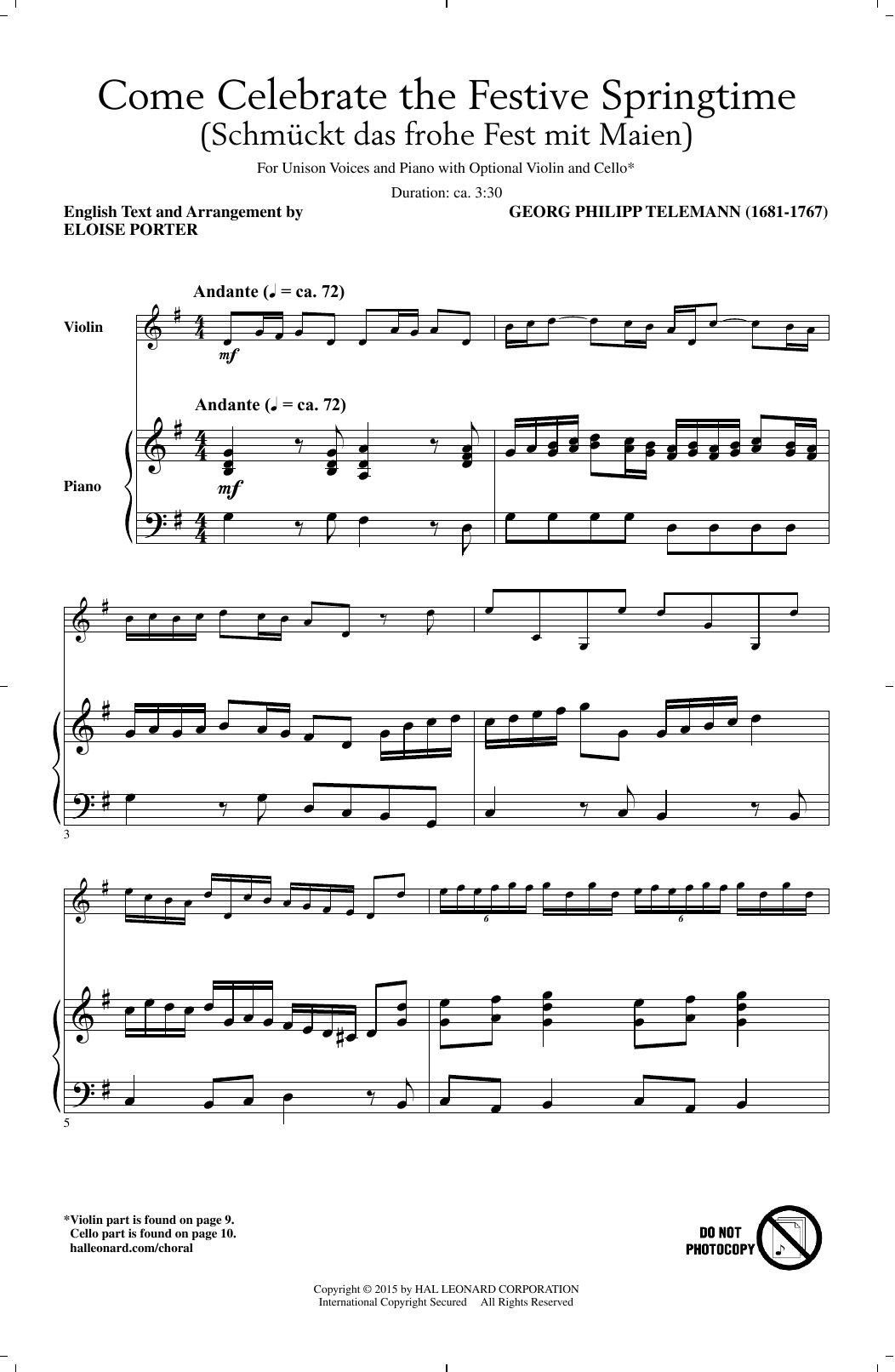 Georg Philipp Telemann Come Celebrate The Festive Springtime (arr. Eloise Porter) sheet music notes and chords arranged for Unison Choir