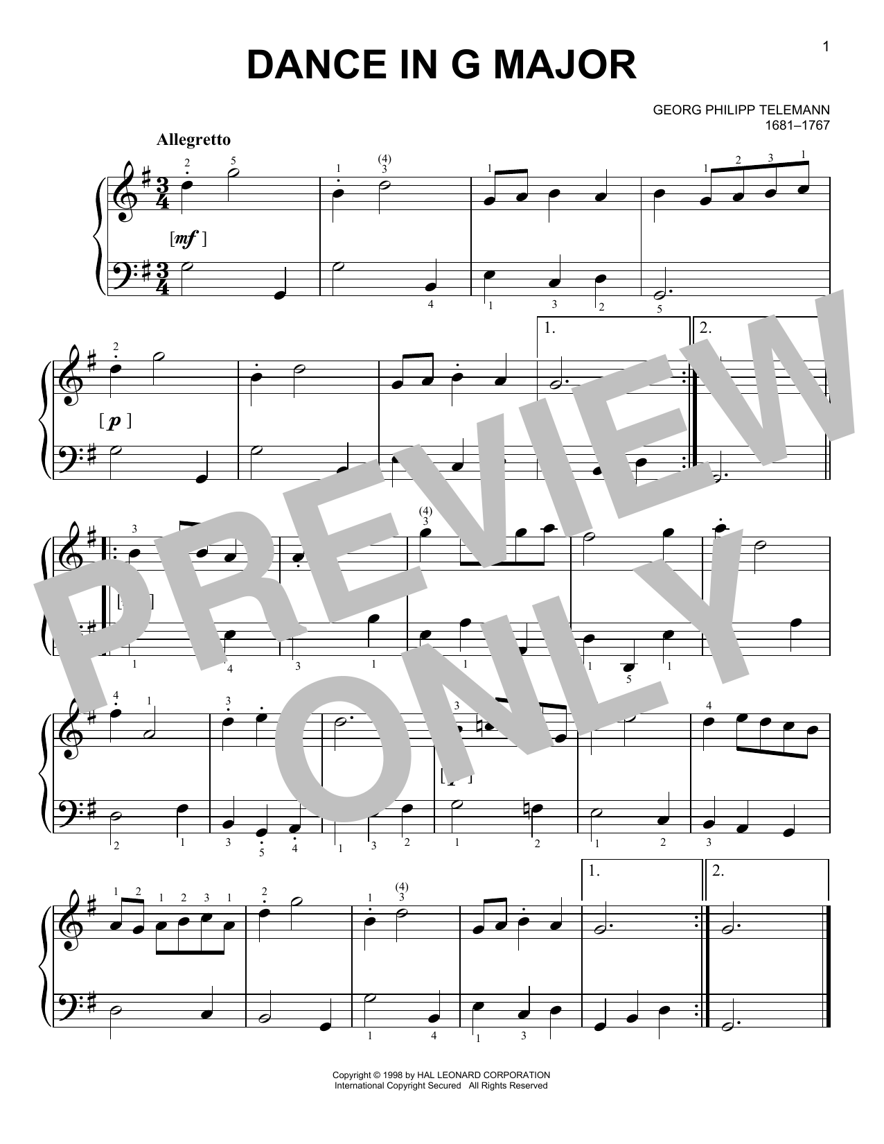 Georg Philipp Telemann Dance sheet music notes and chords arranged for Easy Piano