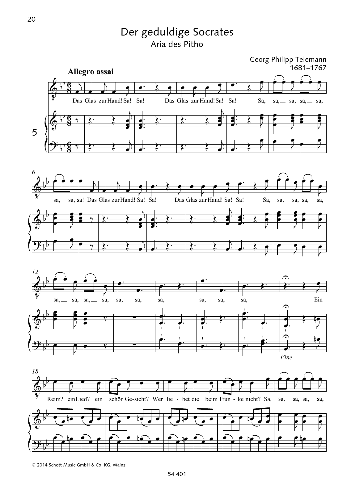 Georg Philipp Telemann Das Glas zur Hand sheet music notes and chords arranged for Piano & Vocal