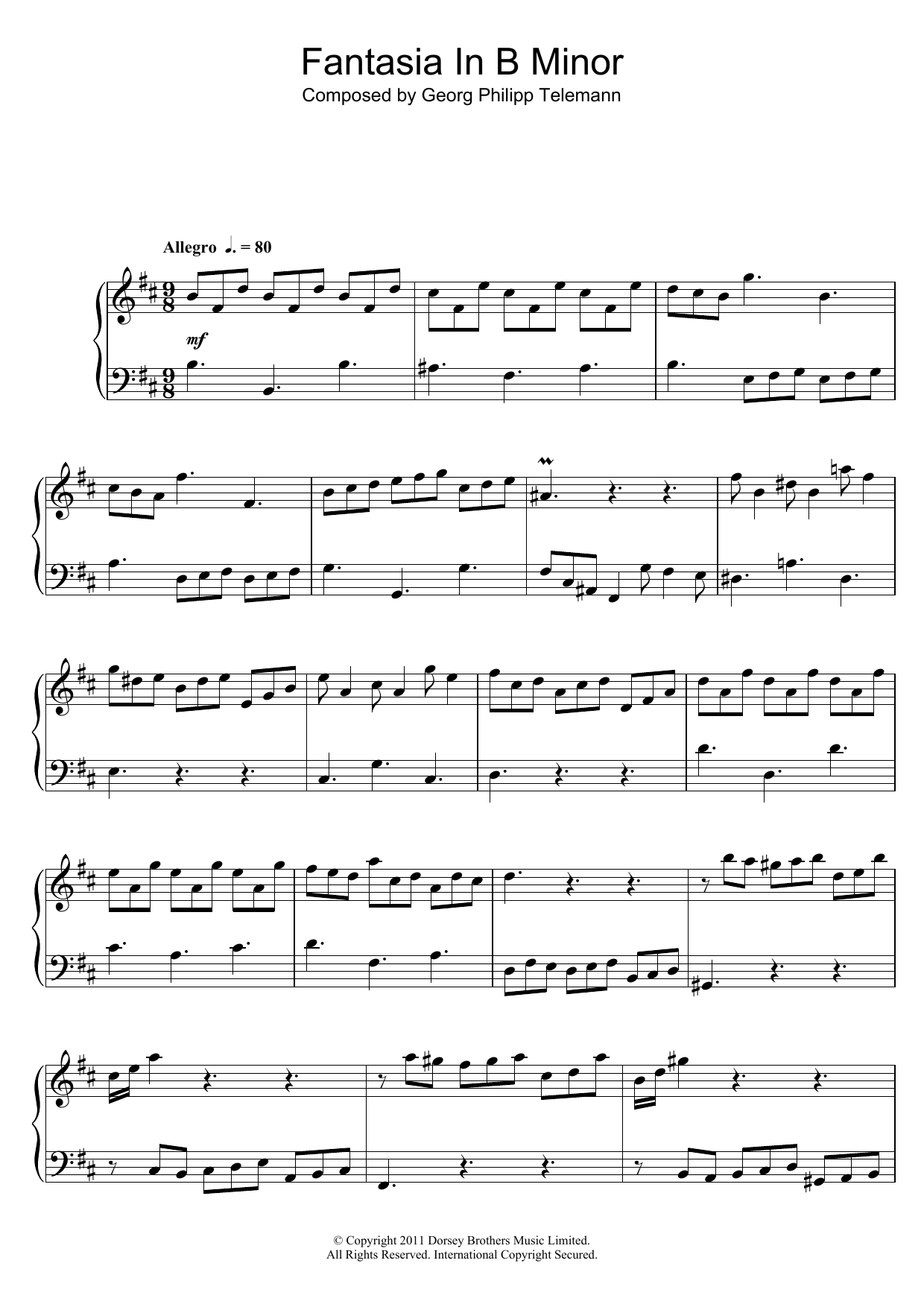 Georg Philipp Telemann Fantasia In B Minor sheet music notes and chords arranged for Piano Solo