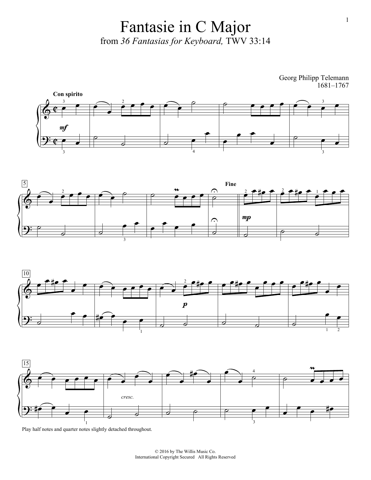 Georg Philipp Telemann Fantasie In C Major sheet music notes and chords arranged for Educational Piano