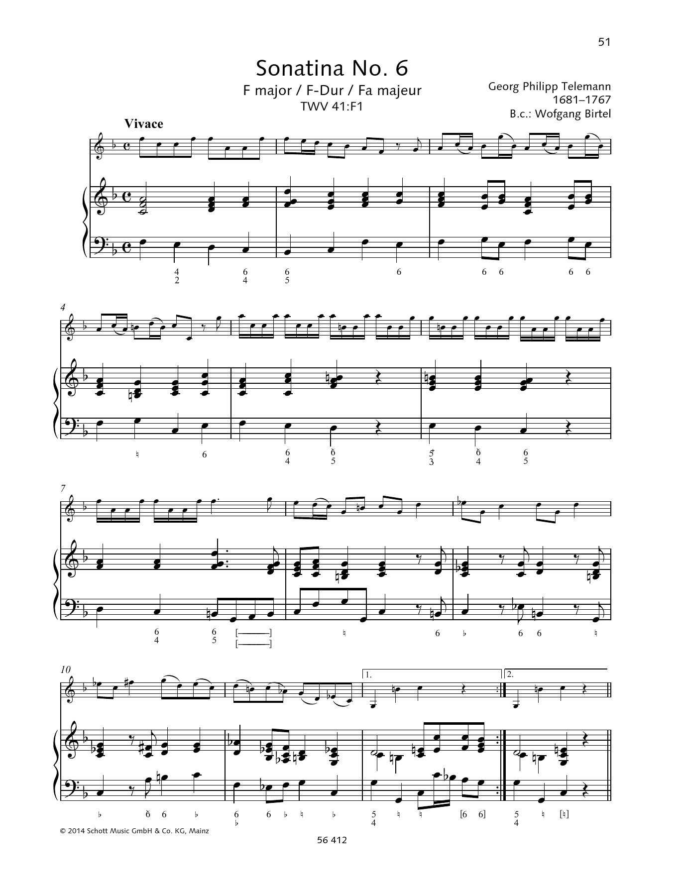 Georg Philipp Telemann Sonatina No. 6 F major sheet music notes and chords arranged for String Solo
