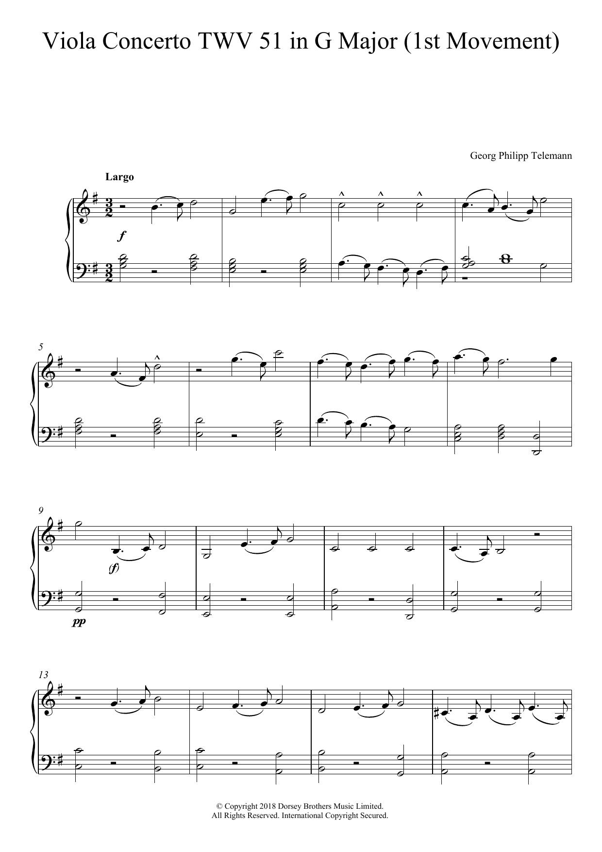 Georg Philipp Telemann Viola Concerto TWV 51 In G Major (1st Movement) sheet music notes and chords arranged for Piano Solo