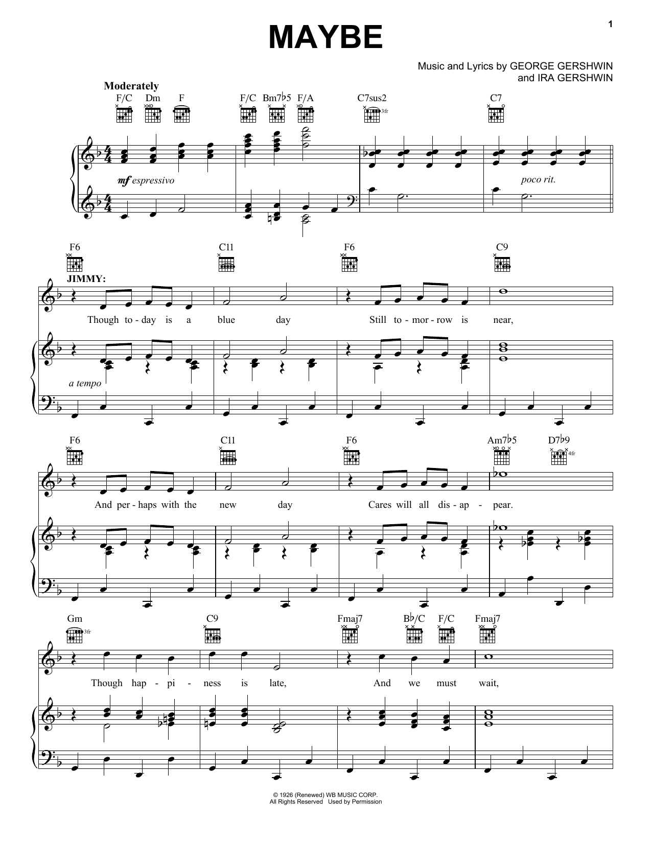 George and Ira Gershwin Maybe sheet music notes and chords arranged for Piano, Vocal & Guitar Chords (Right-Hand Melody)