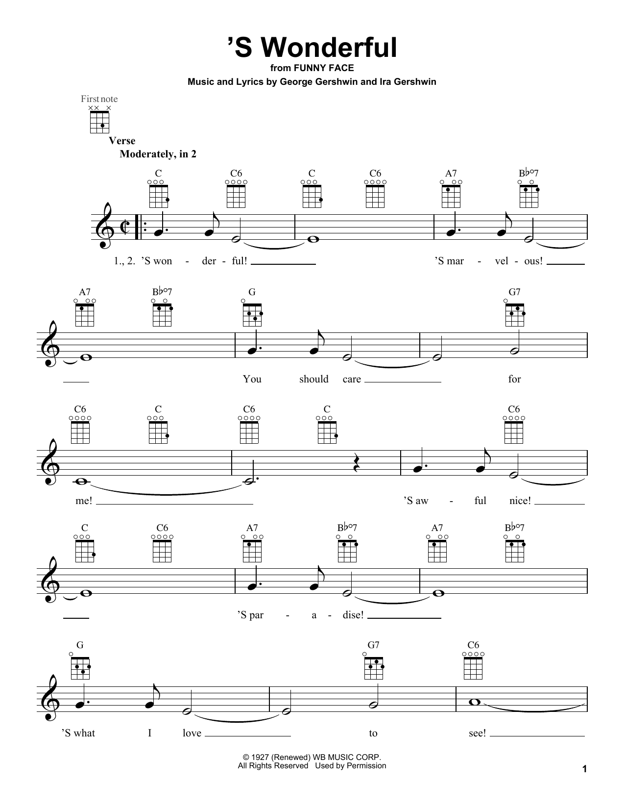 George & Ira Gershwin 'S Wonderful sheet music notes and chords arranged for Ukulele