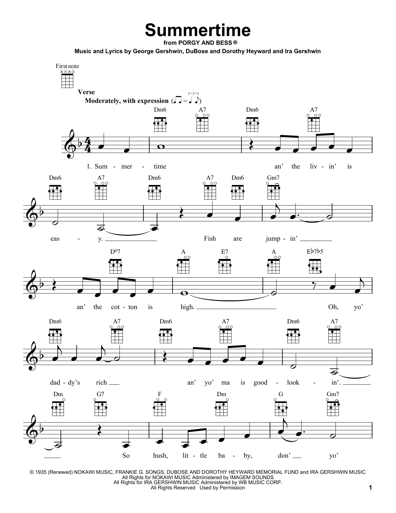 George & Ira Gershwin Summertime sheet music notes and chords arranged for Ukulele