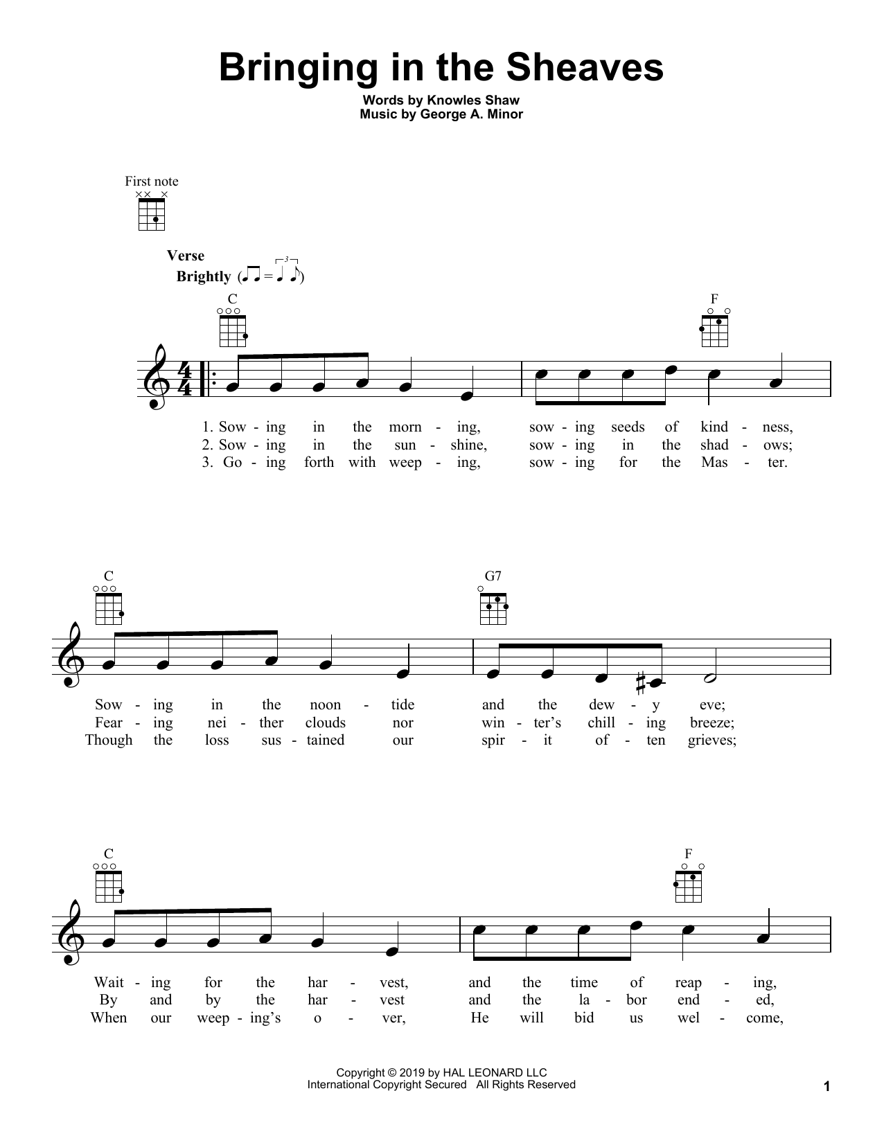 George A. Minor Bringing In The Sheaves sheet music notes and chords arranged for Ukulele