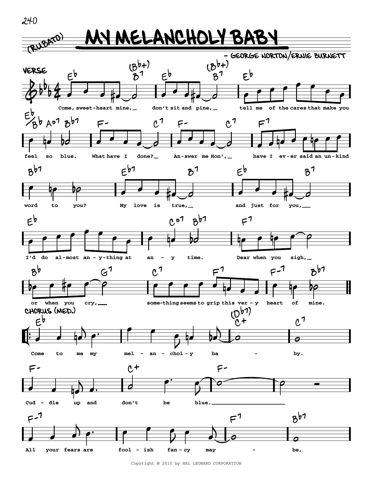 George A. Norton My Melancholy Baby (arr. Robert Rawlins) sheet music notes and chords arranged for Real Book – Melody, Lyrics & Chords