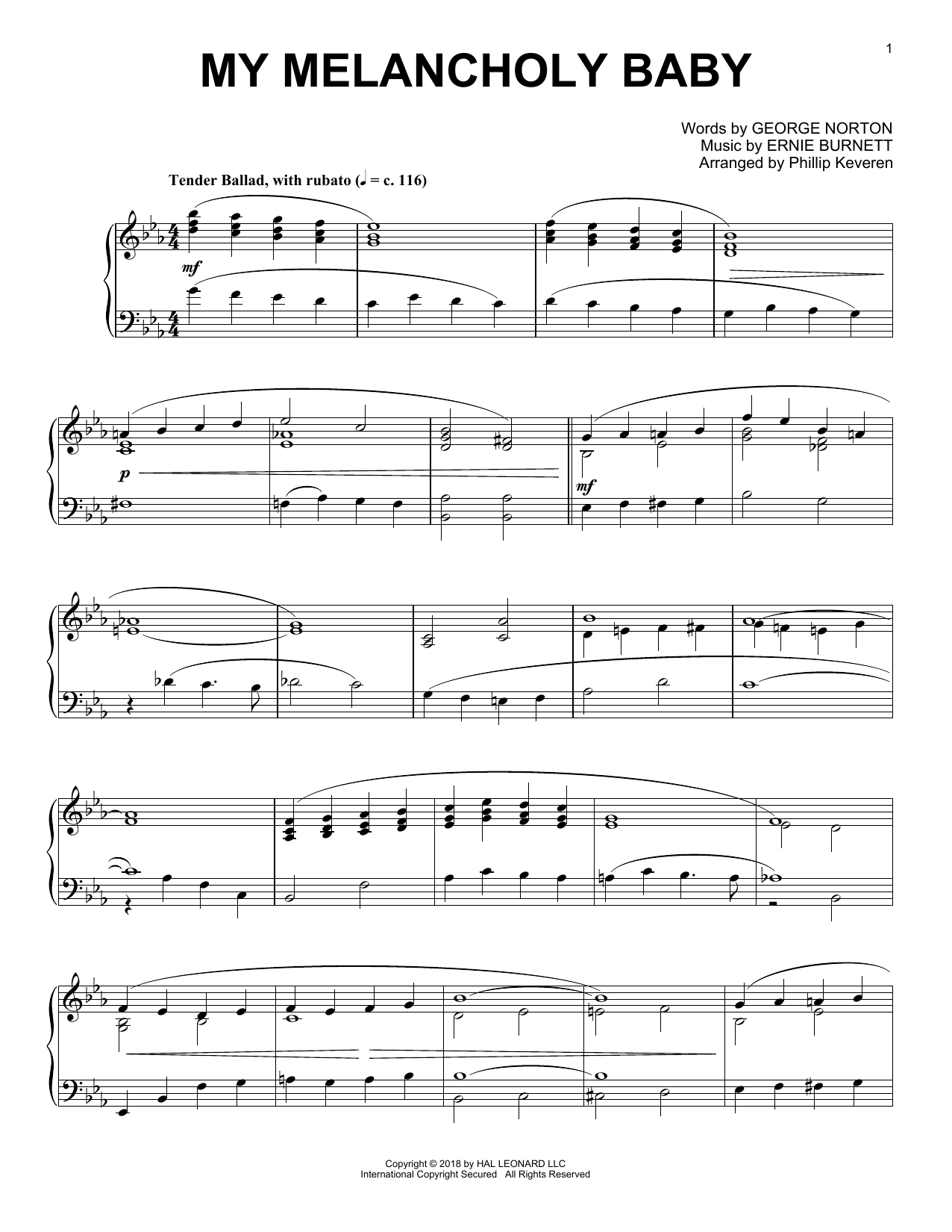 George A. Norton My Melancholy Baby [Jazz version] (arr. Phillip Keveren) sheet music notes and chords arranged for Piano Solo