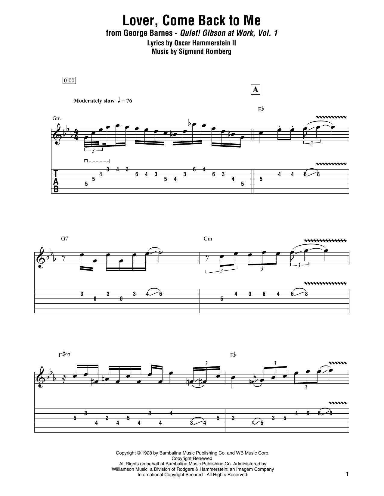 George Barnes Lover, Come Back To Me sheet music notes and chords arranged for Electric Guitar Transcription