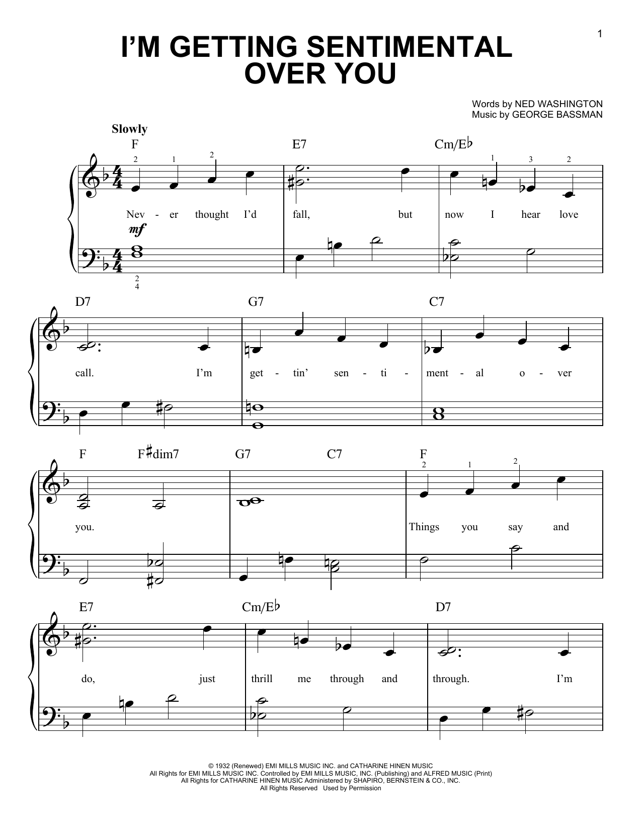 George Bassman I'm Getting Sentimental Over You sheet music notes and chords arranged for Easy Piano