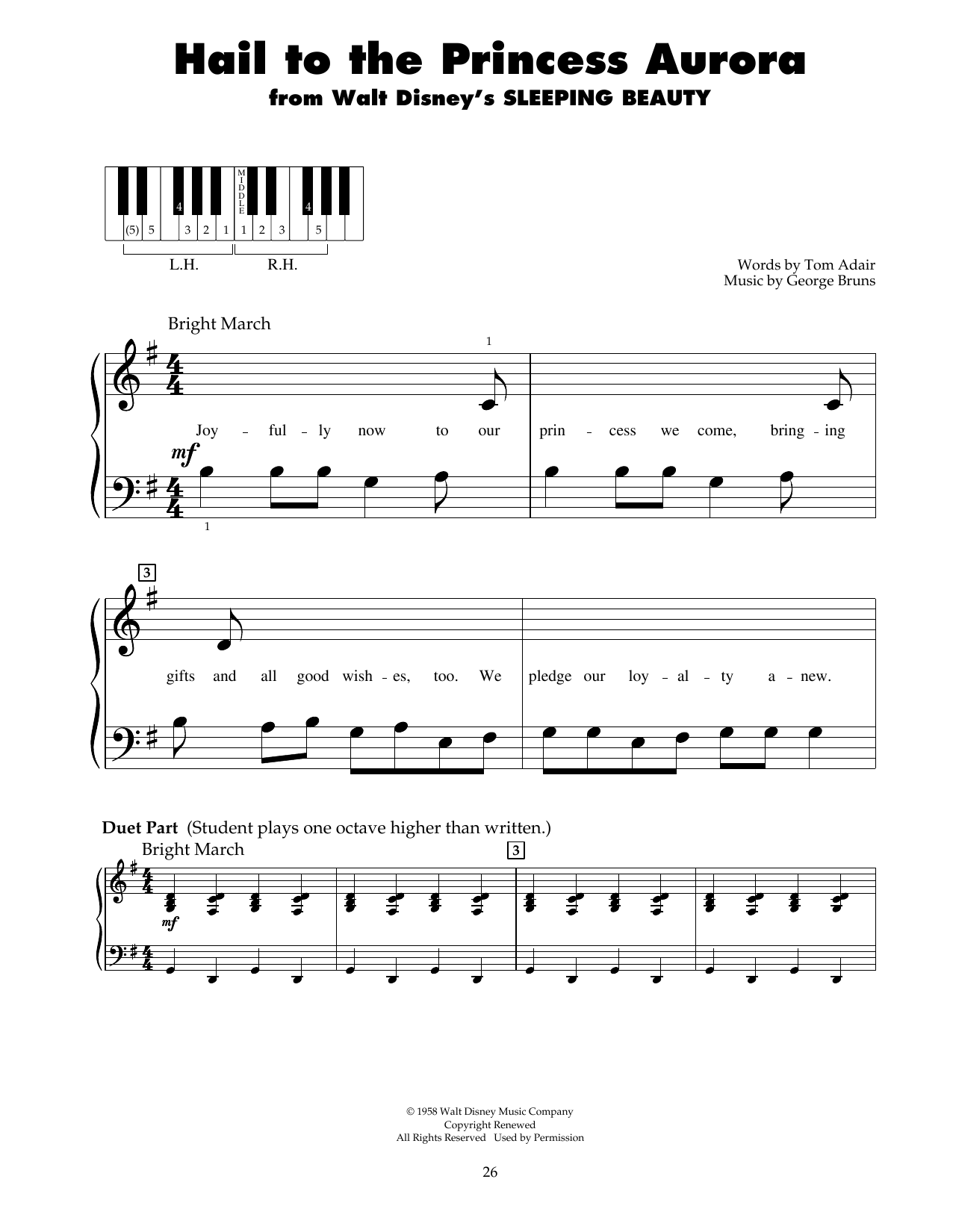 George Bruns Hail To The Princess Aurora (from Sleeping Beauty) sheet music notes and chords arranged for 5-Finger Piano