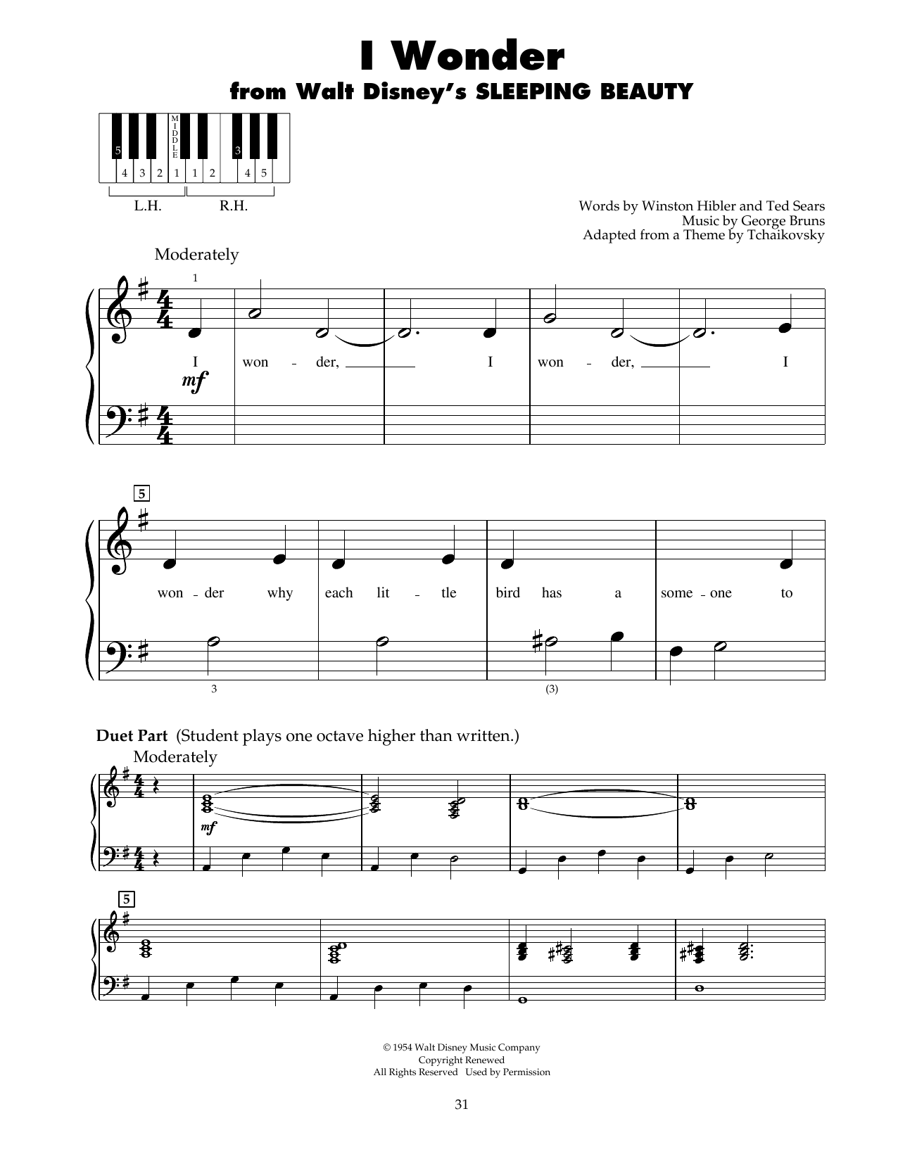George Bruns I Wonder (from Sleeping Beauty) sheet music notes and chords arranged for 5-Finger Piano