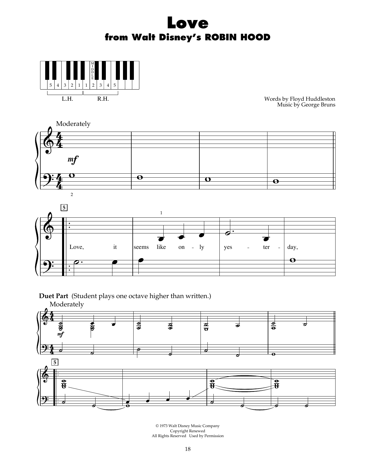 George Bruns Love (from Robin Hood) sheet music notes and chords arranged for 5-Finger Piano